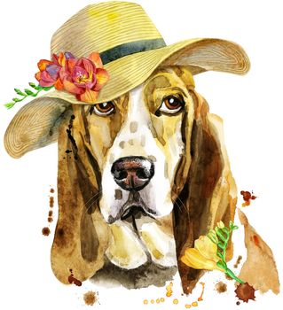 Watercolor portrait of basset hound with summer hat and freesia