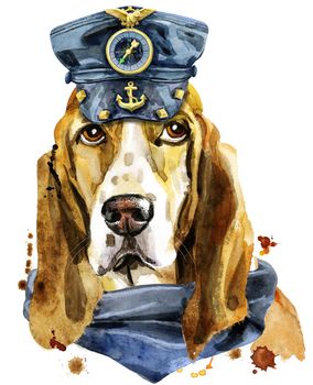 Watercolor portrait of basset hound in a scarf and leather cap