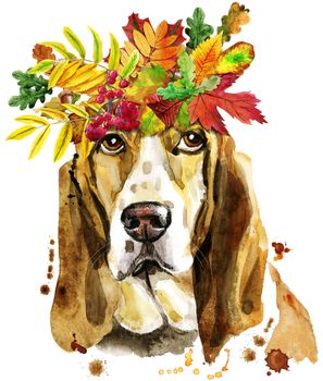 Watercolor portrait of basset hound with wreath of autumn leaves