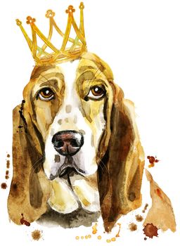 Watercolor portrait of basset hound with crown