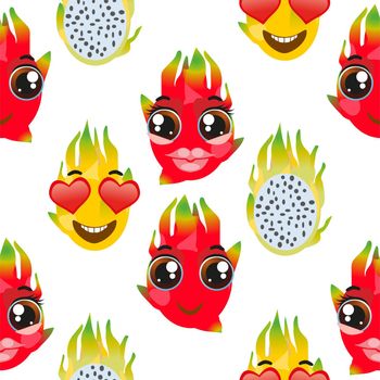 Cute seamless pattern with cartoon emoji fruits pitaya