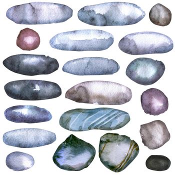 Set of watercolour painting twenty flat pebbles