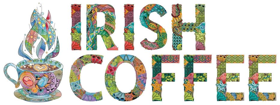 Words IRISH COFFEE with cup silhouette. Vector decorative zentangle object for decoration