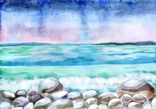 Watercolor hand-drawn landscape with pebbles beach and ocean