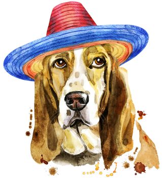 Watercolor portrait of basset hound in sombrero