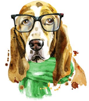 Watercolor portrait of basset hound with glasses and green scarf