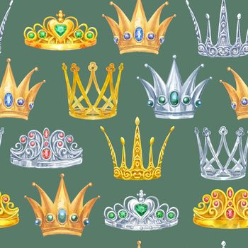 Pattern with golden crowns. Seamless watercolor background