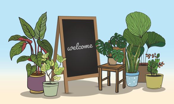 Potted plants with Black board for writing messages