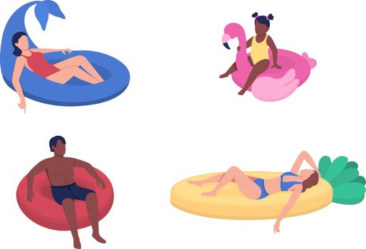 Youngsters in inflatable floats flat color vector faceless characters set