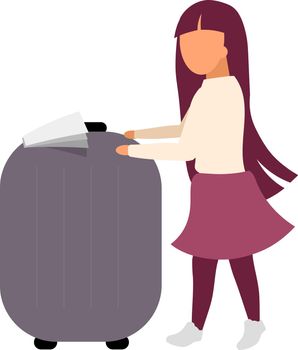 Little girl with luggage flat color vector faceless character