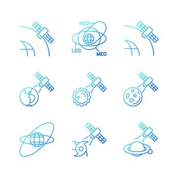 Satellites functions gradient linear vector icons set