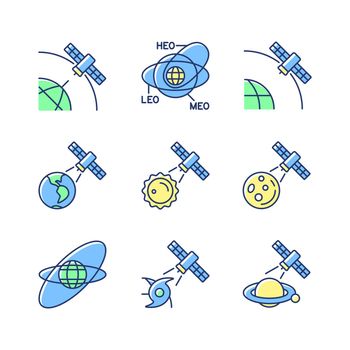 Satellites functions green, blue RGB color icons set