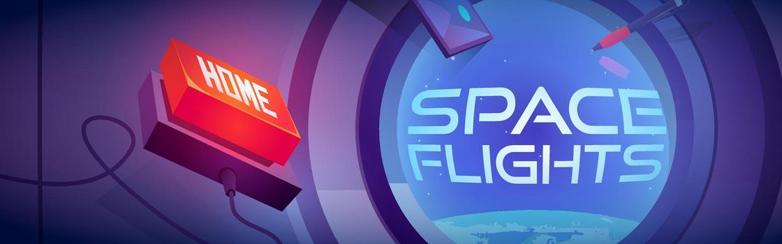 Space flights cartoon banner, spaceship cabin