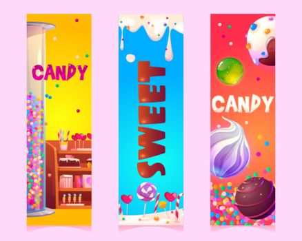 Sweets and candies cartoon vertical banners set