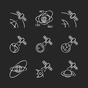 Satellites functions chalk white icons set on dark background