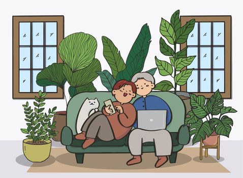 Love couple doing various activities on sofa indoors.