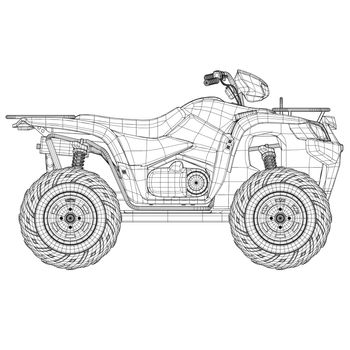 Wireframe of detailed ATV from black lines isolated on white background. Side view. 3D. Vector illustration