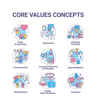 Core values concept icons set