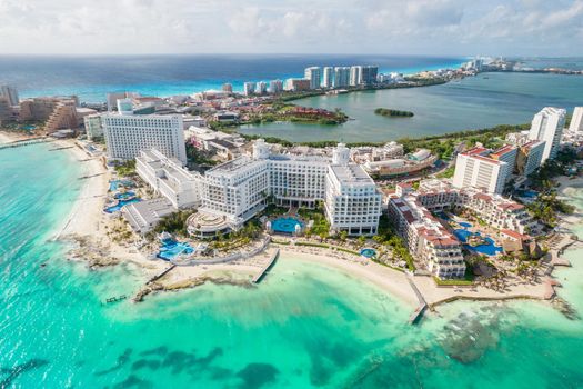 View of beautiful Hotels in the hotel zone of Cancun. Riviera Maya region in Quintana roo on Yucatan Peninsula. Aerial panoramic view of allinclusive resort