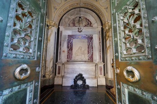RAVENNA, ITALY - AUGUST 10, 2021: open doors of sepulcher of Dante Alighieri, Italian poet tomb in Ravenna celebration of 700 years after poet death