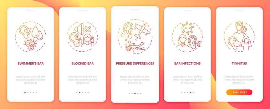 Common ear conditions onboarding mobile app page screen with concepts