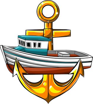 vector illustration of fish-boat with anchor cartoon caricature