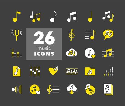 Music notes flat vector glyph icons set. Graph symbol for music and sound web site and apps design, logo, app, UI