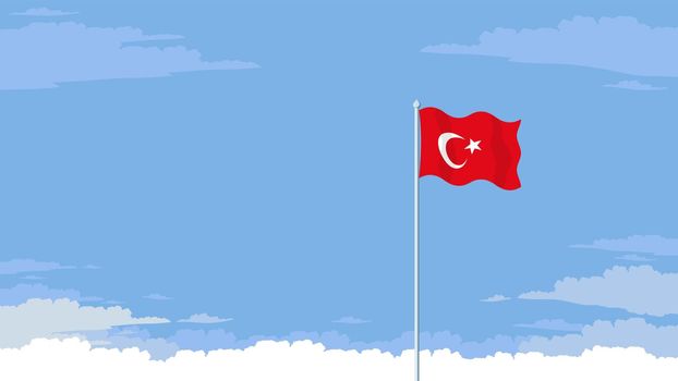 Flying flag of Turkey in front of a cloudy sky background.