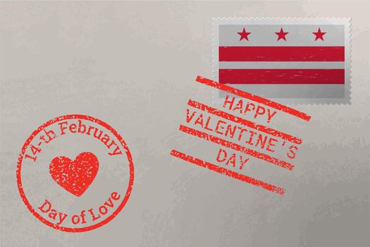 Postage stamp envelope with District of Columbia flag and Valentine s Day stamps, vector