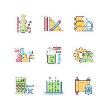 Different types of school subjects RGB color icons set