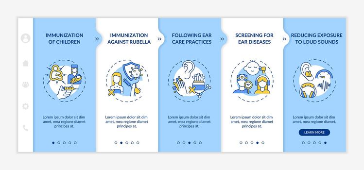 Hearing loss preventive measures onboarding vector template