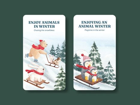 Instagram tempalte with animal enjoy winter concept,watercolor style
