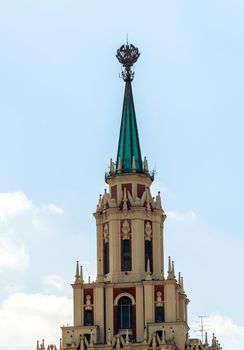 Moscow, Russia - 11 July. 2021. spire with star on roof of Leningradskaya Hotel. One of 7 Stalinist skyscrapers