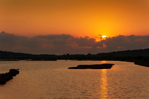Sunset at the gialova lagoon. The gialova lagoon is one of the most important wetlands in Europe.