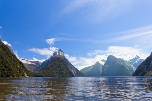Milford Sound and Mitre Peak in Fjordland NP NZ