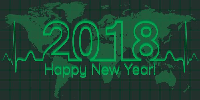 Christmas world map banner, 2018 happy new year, vector 2018 the crisis, the wave matrix of cardiology, the concept of success and prosperity