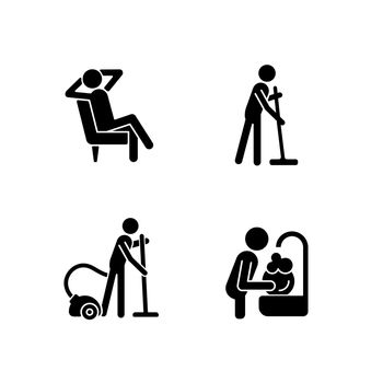 Household chores black glyph icons set on white space