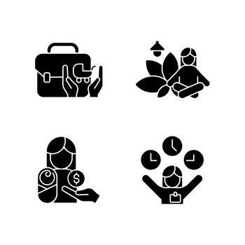 Employee incentives black glyph icons set on white space