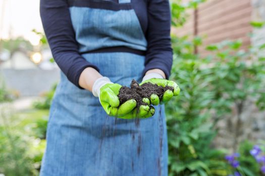 Close-up of woman's hand in gardening gloves with black fertile soil