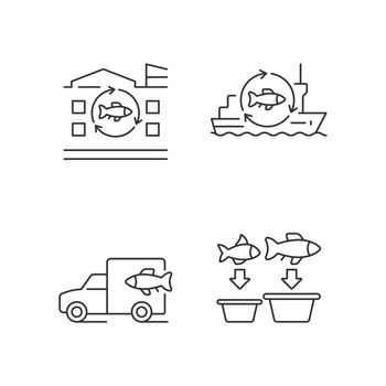 Fish processing and transportation linear icons set