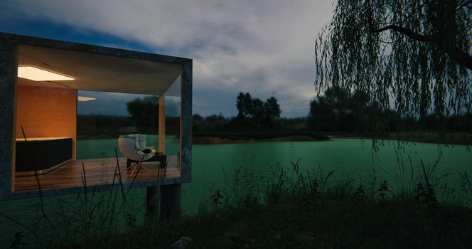 Cozy house on the shore of the lake at dusk 3d-rendering