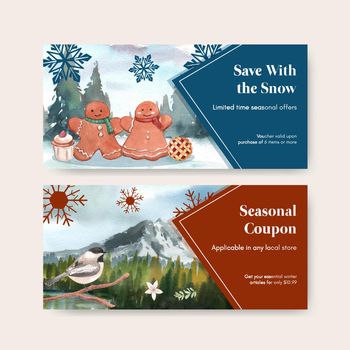 Voucher template with winter hugge concept,watercolor style  