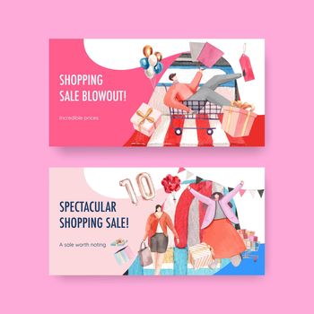 Twitter template with shopping sale concept,watercolor style