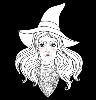 Wiccan witch. Vector Illustration in black and white. Young woman with long blond hair and magic hat. Alchemy, tattoo art, t-shirt design, adult magic coloring book.