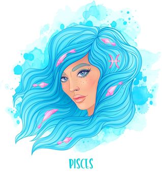 Pisces astrological sign as a beautiful girl. Vector illustration over watercolor background isolated on white. Fashion woman zodiac set.