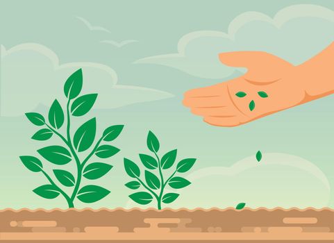 hand Sowing of seeds, Ecology. Vector illustration