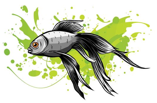 Illustration with elements of stained glass, bright gold fish