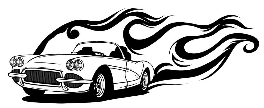 Fiery retro sports car design template. illustration Vector.