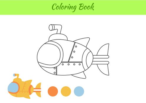 Coloring book submarine ship for children. Educational activity page for preschool years kids and toddlers with transport. Printable worksheet. Cartoon colorful vector illustration.