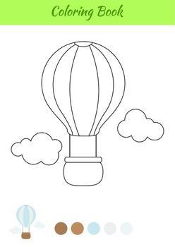 Coloring book hot air balloon for kids. Printable worksheet. Educational activity page for preschool years kids and toddlers with transport. Cartoon colorful vector illustration.